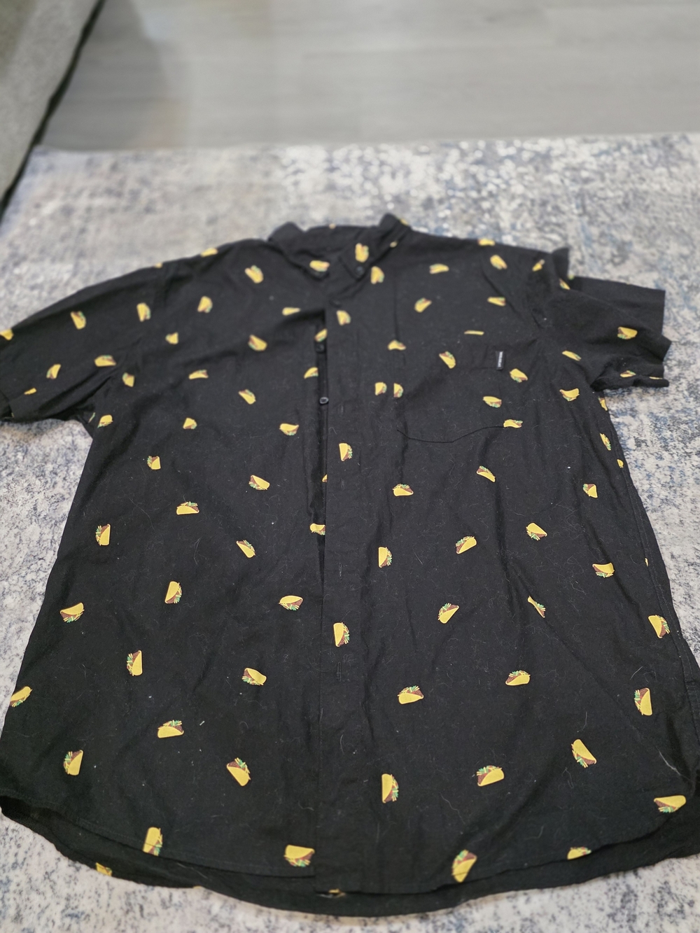 Men's Black Short-Sleeve Button-Down Shirt with Yellow Taco Print